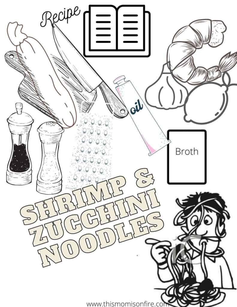 Shrimp and Zucchini noodles coloring page