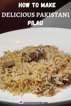 pilau rice with meat on a plate. This is a Pinterest pin