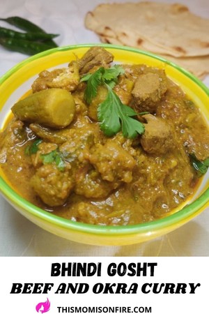 This is a pinterest pin. Beef and okra curry are in a yellow serving bowl with naan and green pepper in the back. 