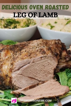 roasted and sliced leg of lamb, pictured for a pinterest pin