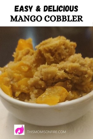 Mango cobbler in a bowl. This is a Pinterest pin.