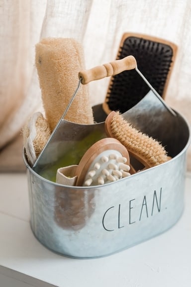 Cleaning supplies in a holder