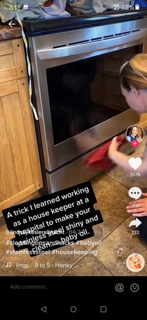 A TikTok cleaning hack shows how to clean stainless steel with baby oil