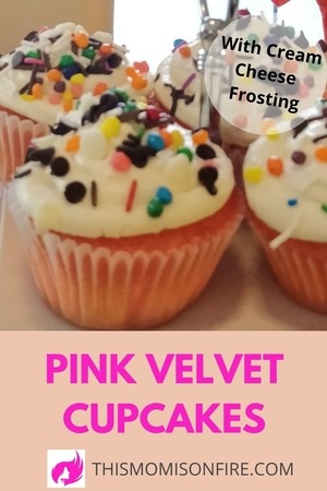 Easy pink velvet cupcakes decorated on a cake stand. This is a pinterest pin.