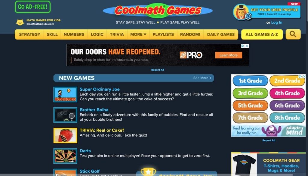 screenshot of math game website cool math games.