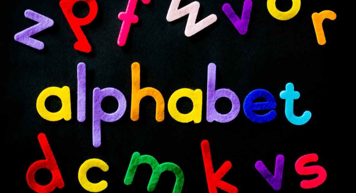 letters scattered around the word alphabet
