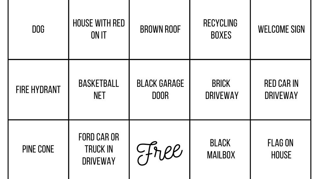 example of squares on a bingo walk card.