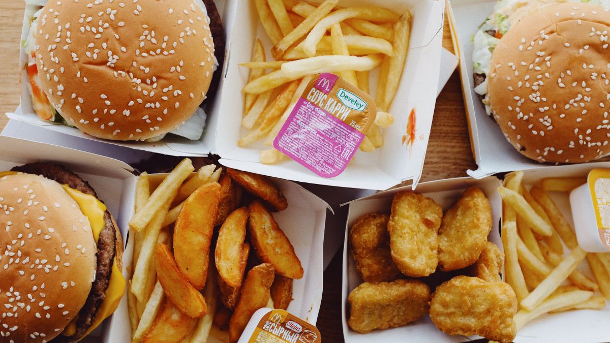 fast food like burgers, french fries and chicken nuggets.