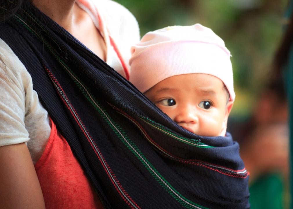 baby in a sling around mom