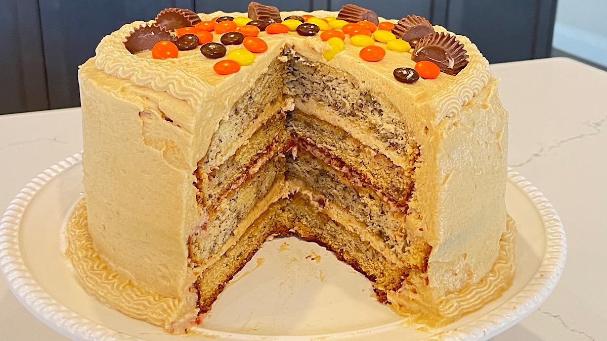 peanut butter and jam cake with slice cut out