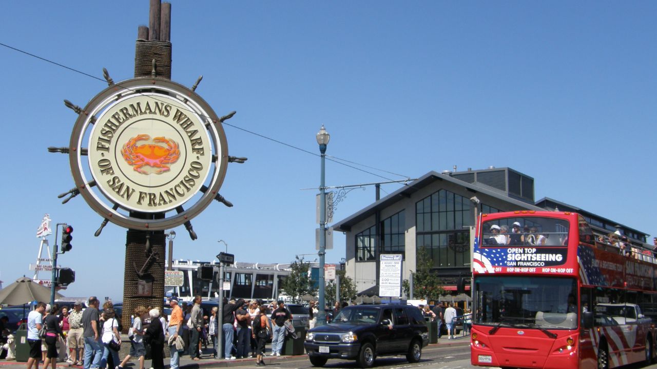 People standing under the sign at Fisherman's Wharf