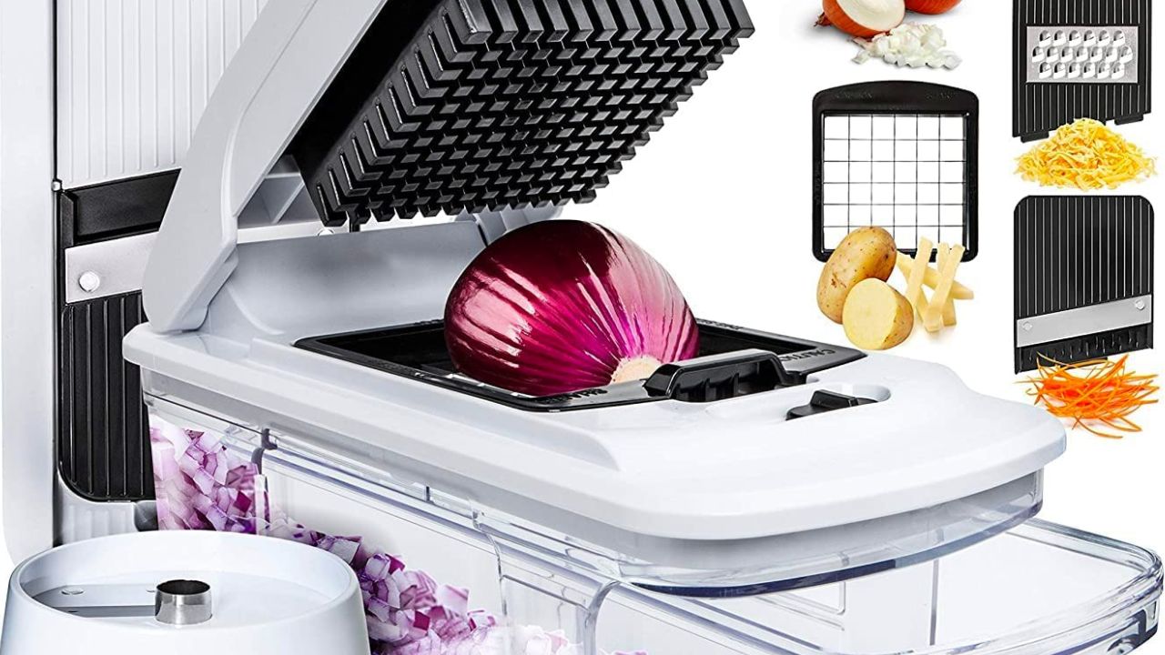 All in one vegetable chopper with onion on grill and different attachments