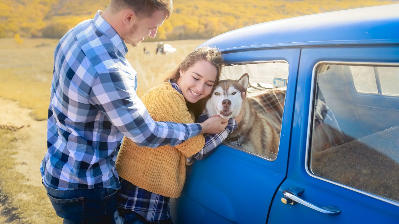 woman and man hugging dog in car