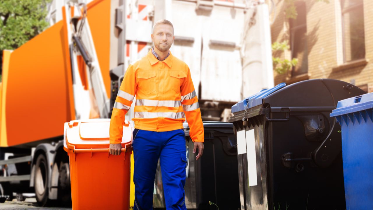 man pulling a garbage can, works as a waste disposal employee