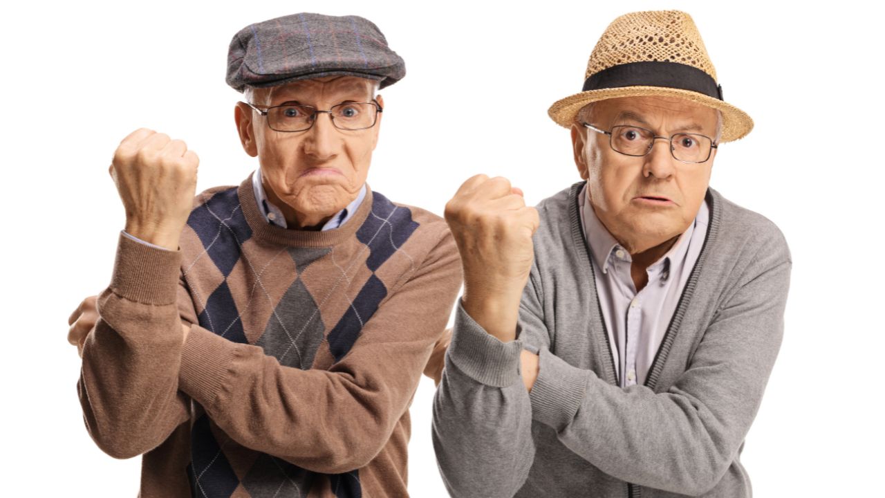 senior boomer men making hand gestures showing they are angry