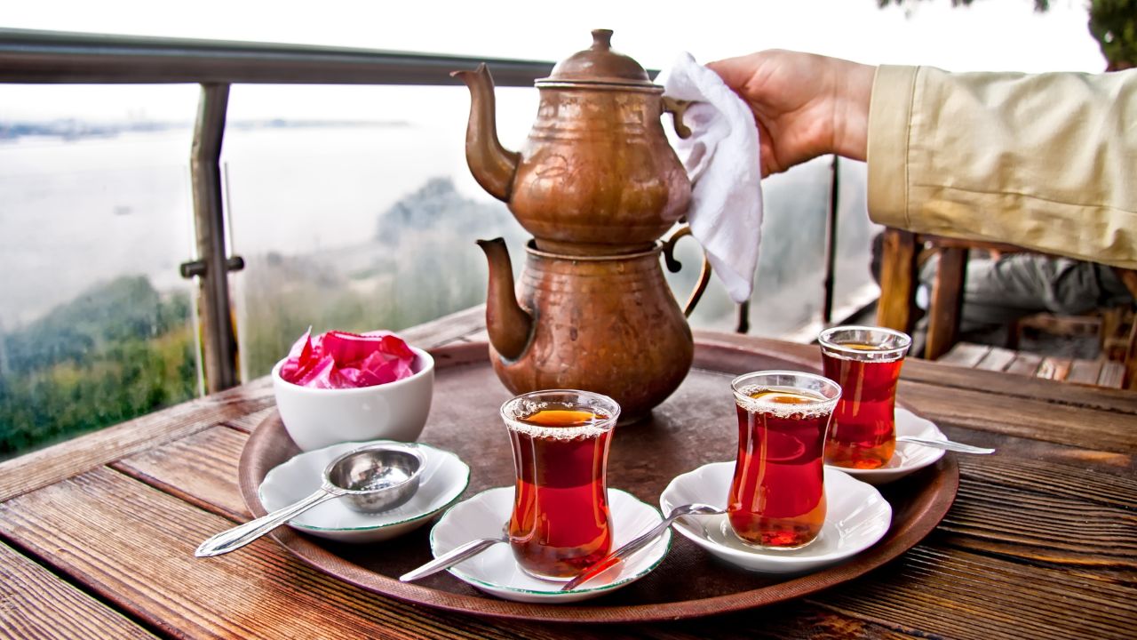 Turkish tea in the double pot with glasses