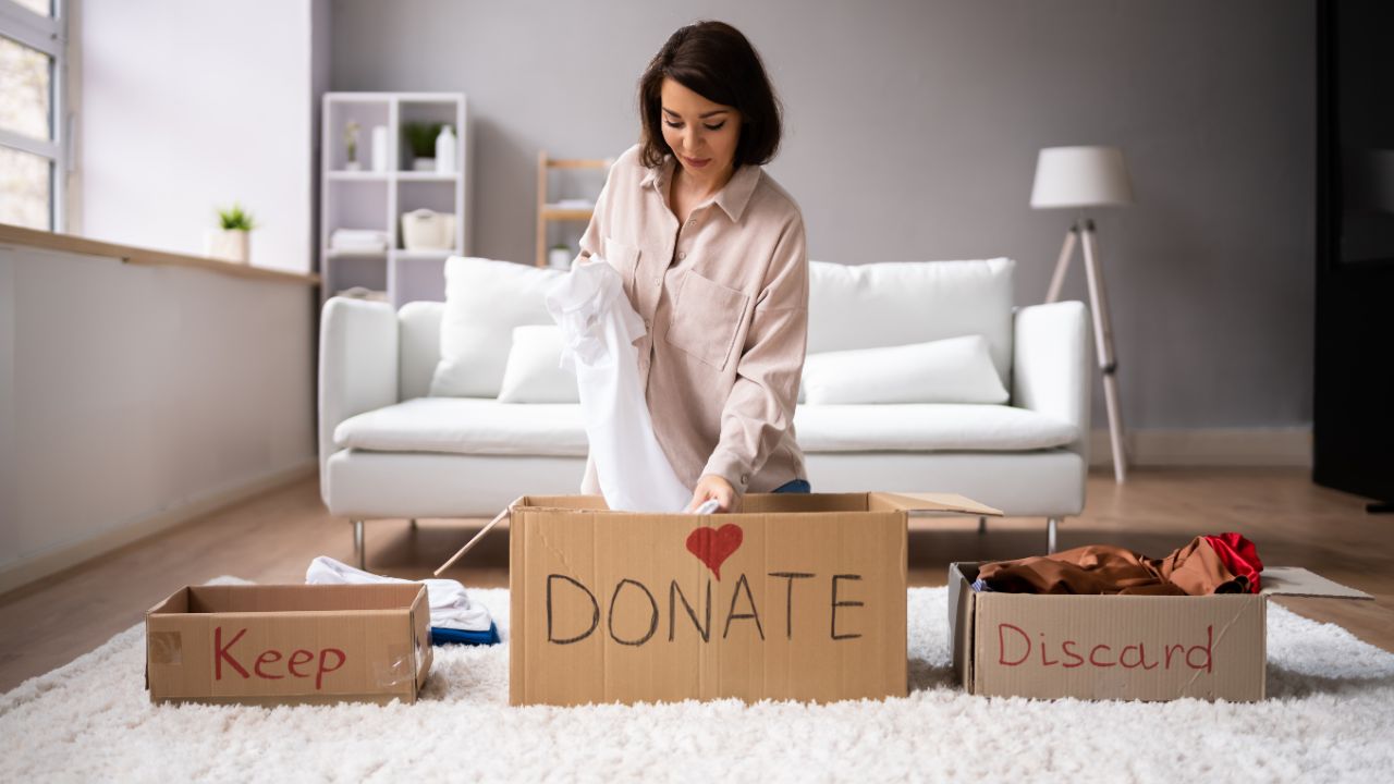woman donating her things and decluttering