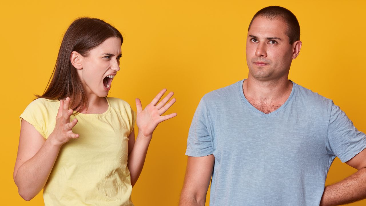 woman angry and man standing arguing, fighting