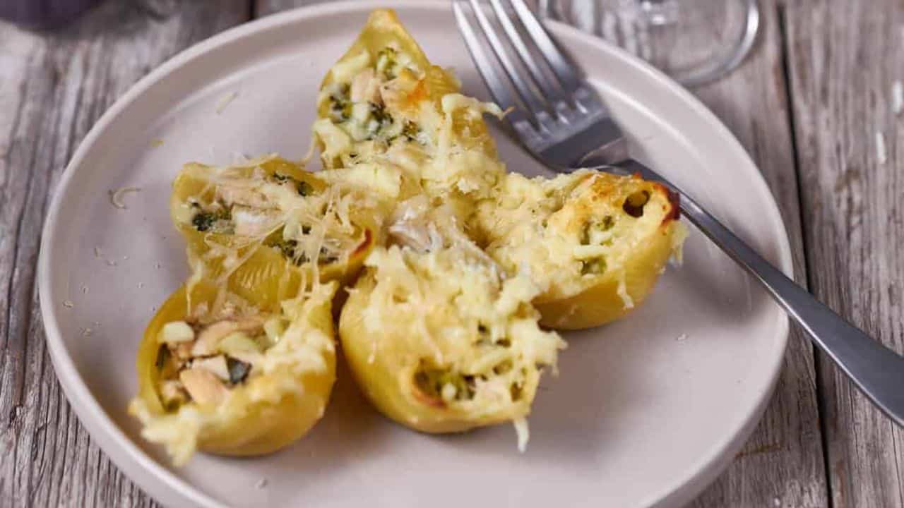 broccoli chicken alfredo in pasta shells