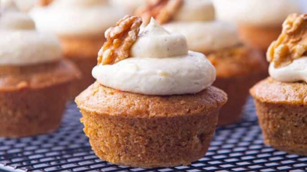 carrot walnut cupcakes on a wire rack