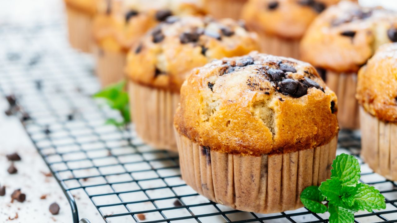 chocolate chip muffins on a wire rack